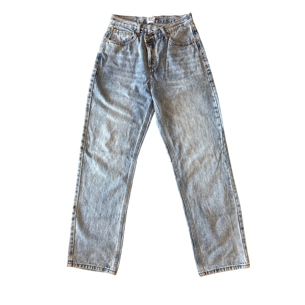 Princess Polly Womens Y2K Straight Leg Jeans Cross Waist 4 Blue Acid Wash Denim